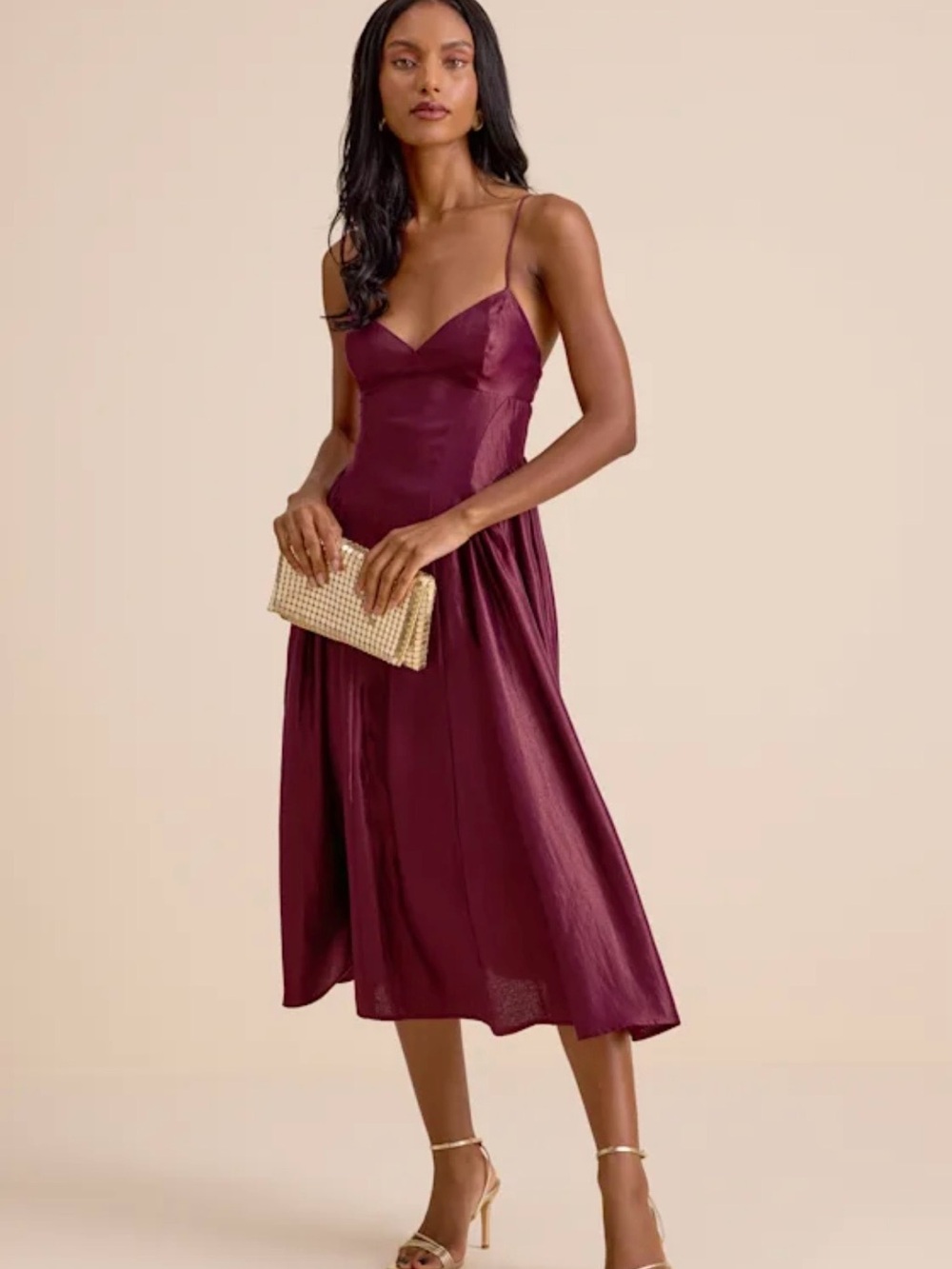 Lulu's Wine Spaghetti-Strap Satin Midi Dress